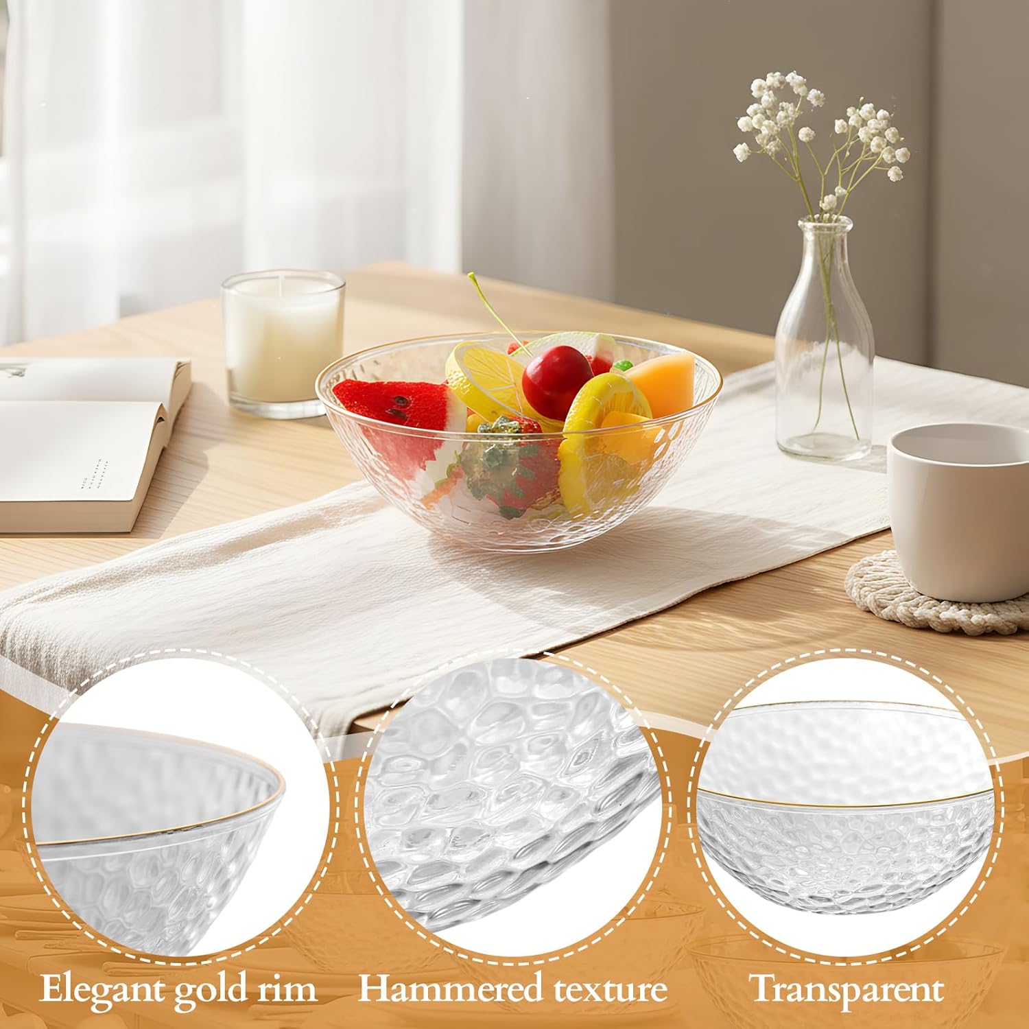 100 Pcs 12 oz Clear Plastic Bowls Hammered with Gold Rimmed, Heavyweight Disposable Bowl Set, Salad Dinner Bowls for Party, Wedding, Holiday, Catering (Clear)