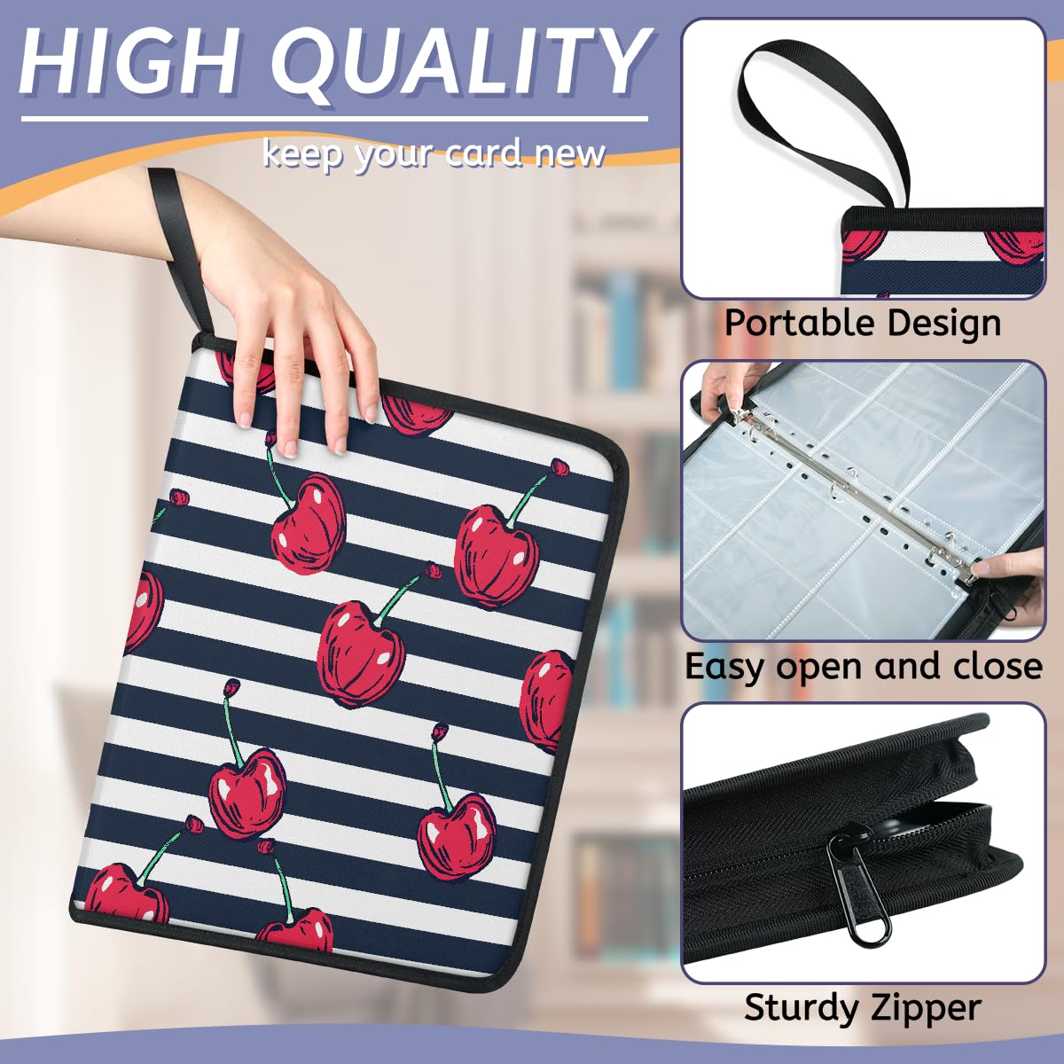 Raccoglitore per carte con 9 tasche, 900 tasche, con chiusura a cerniera (ciliegia a righe)