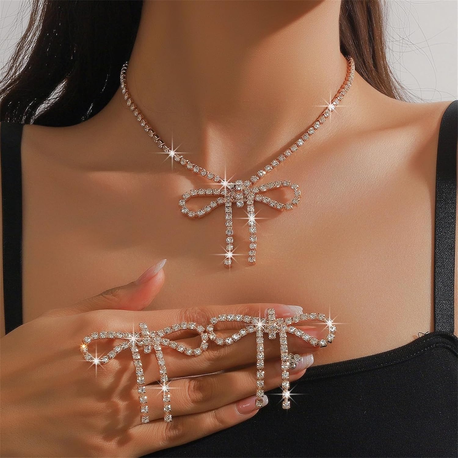 Rhinestone Bow Necklace and Earrings Set for Women Silver Sparkly Crystal Bowknot Necklace Rhinestone Tassel Earrings Winter Prom Wedding Party Dress Jewelry Set Stocking Stuffers Christmas Gifts - Image 4