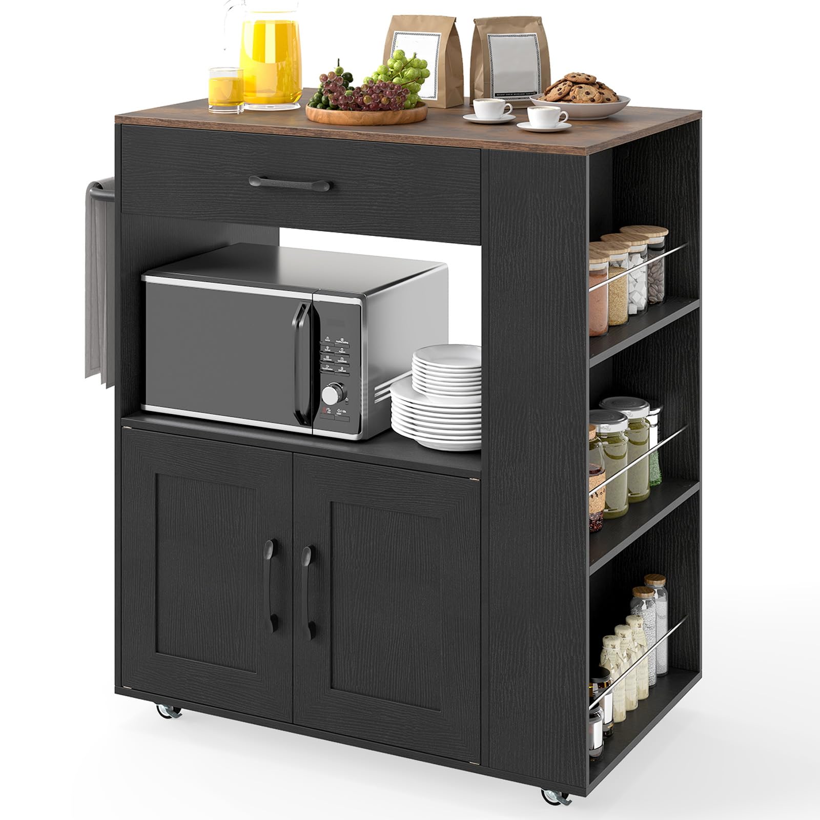 TANGZON Kitchen Storage Trolley on Wheels, Kitchen Island with Large Cabinet, Drawer, Open Shelf, 3 Spice Racks & Towel Rack, Wooden Countertop Utility Serving Cart (No Power Outlet, Black+Natural)
