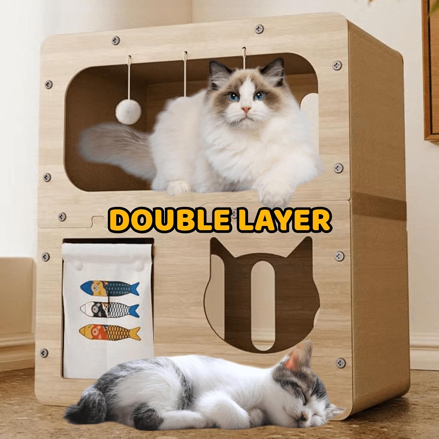 Cute Cat Scratcher House Double Layer Scratch-Resistant Cat Condo Large Space with Cat Cardboard Easy to Assemble Cat Bed Cave for Indoor Cats 18” x 11” x 20” (Double Layer)