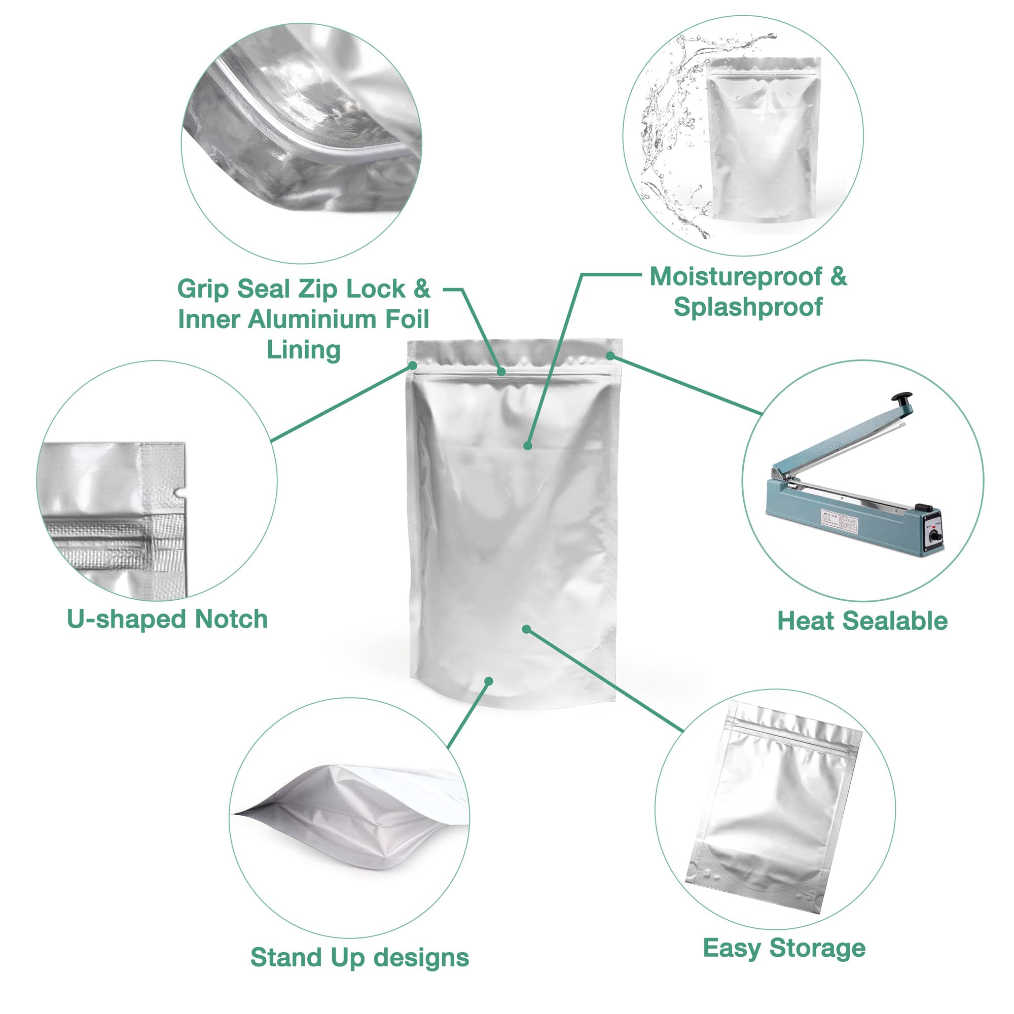 Evergreen Goods Frischhaltebeutel aus Aluminiumfolie, wiederverwendbare Beutel, hitzeverschließbar, Standfest, Druckverschlussbeutel mit Einreißkerbe, Tee, Kaffeebohnen, Nüsse (100, 210 x 310 mm)