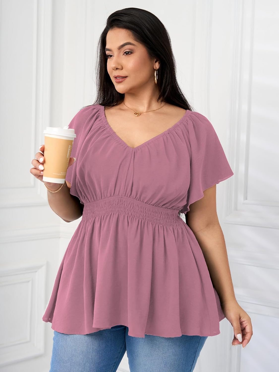 Womens Plus Size Tops V Neck Short Sleeve Blouse Babydoll Ruffle Peplum Smocked Dressy Casual Summer Top - Image 4