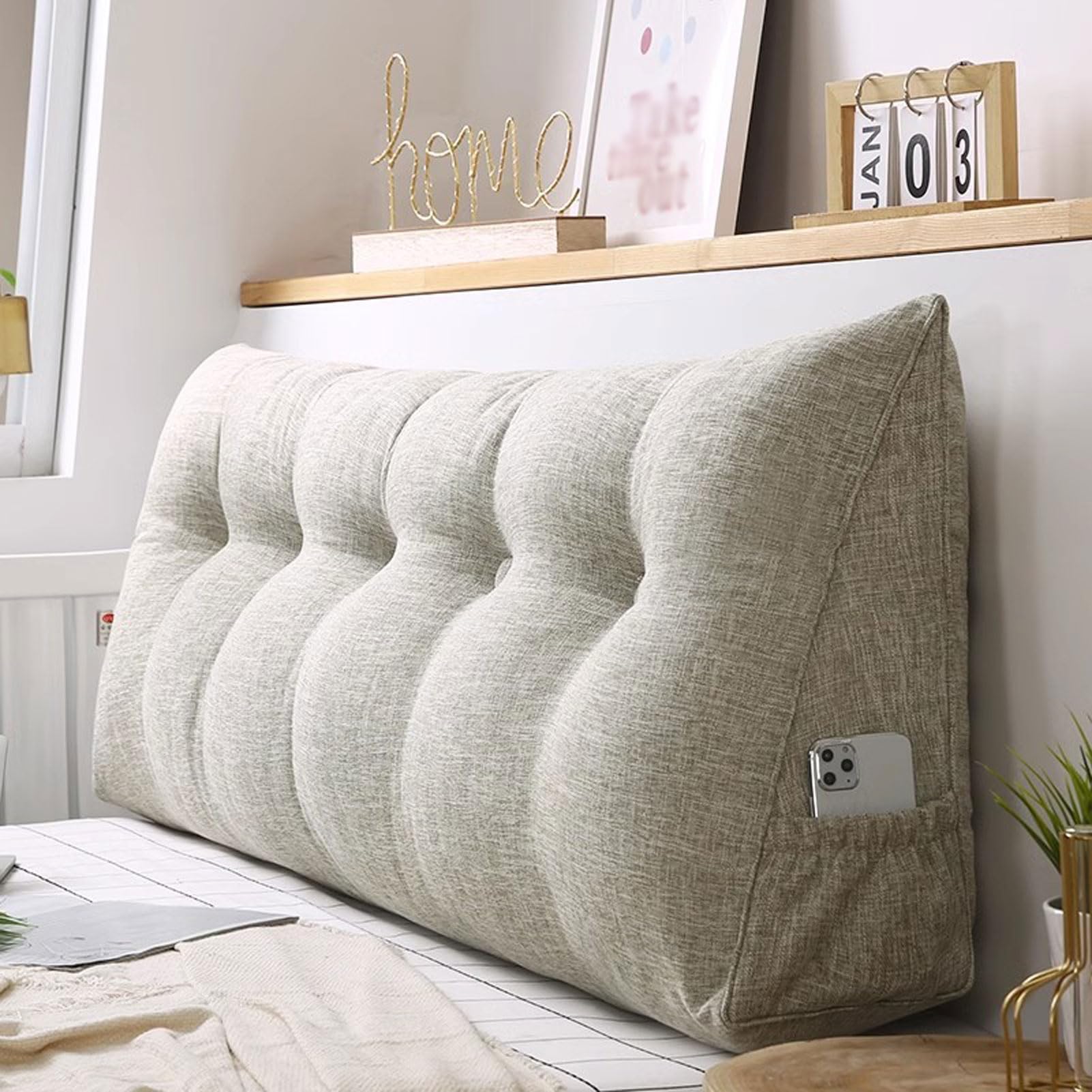 Almohada Cabecero, Cojín de Cuña Triangular, Respaldo de Sofá, Almohada de Lectura Grande, Almohada de Apoyo Lumbar para la Espalda, con Bolsillo, Cremallera (7 120cm)