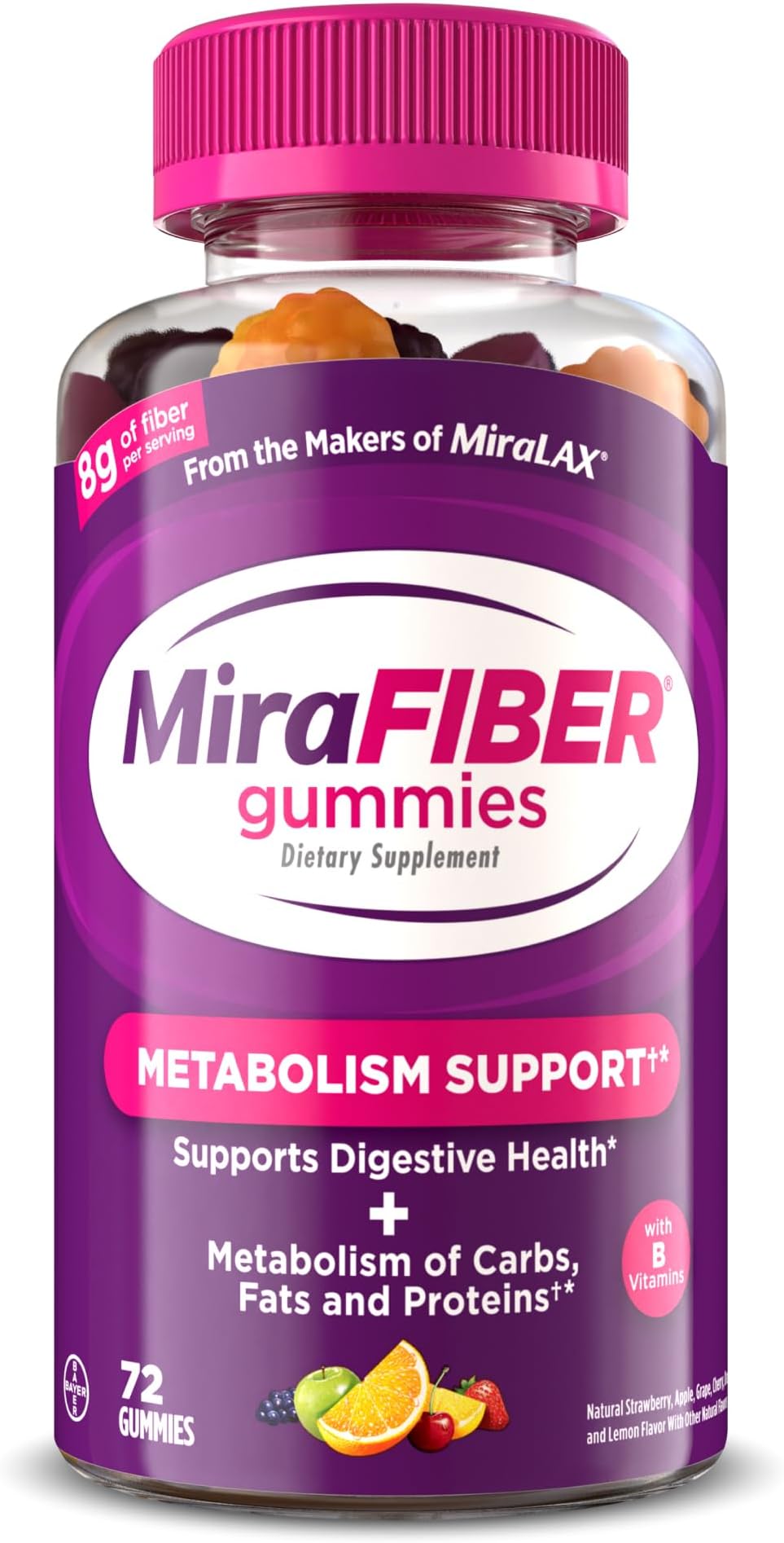 MiraFIBER Gummies from The Makers of MiraLAX, 8g of Daily Fiber Per Serving, Metabolism Support with B Vitamins, Gut Health for Men & Women,Prebiotic Fiber Gummies for Adults, Mixed Fruit Flavor 72Ct