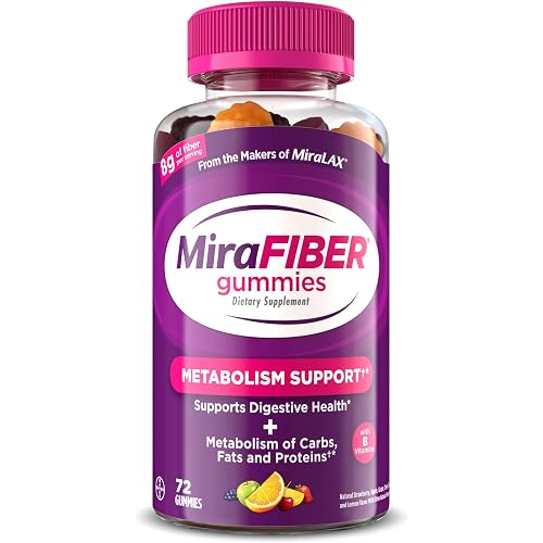 MiraFIBER Gummies, from The Makers of MiraLAX, 8g Per Serving, with B Vitamins, Metabolism Support, Gut Health for Men & Women, Prebiotic Fiber Gummies for Adults, Mixed Fruit Flavor 72Ct