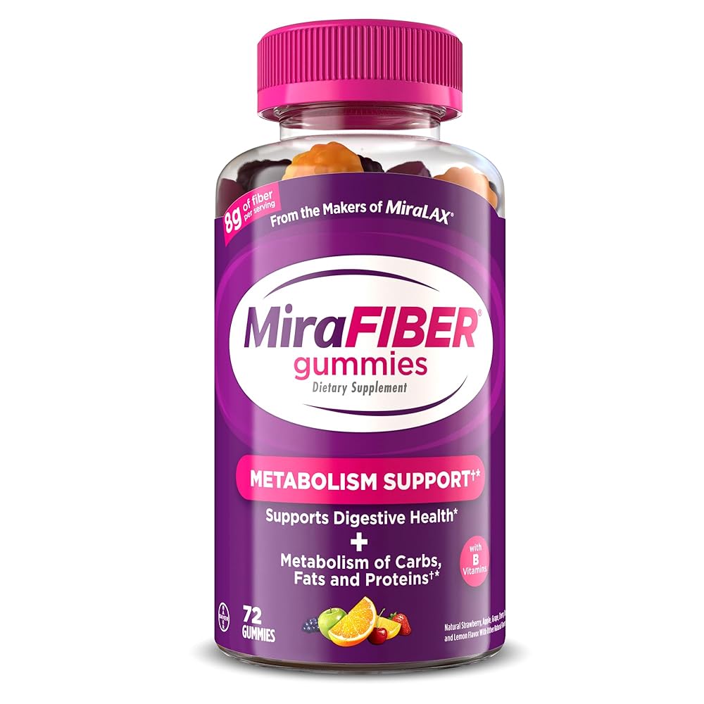 MiraFIBER Gummies from the Makers of MiraLAX, 8g of Daily Fiber Per Serving, Metabolism Support with B Vitamins, Gut Health for Men & Women, Prebiotic Fiber Gummies for Adults, Mixed Fruit Flavor 72Ct