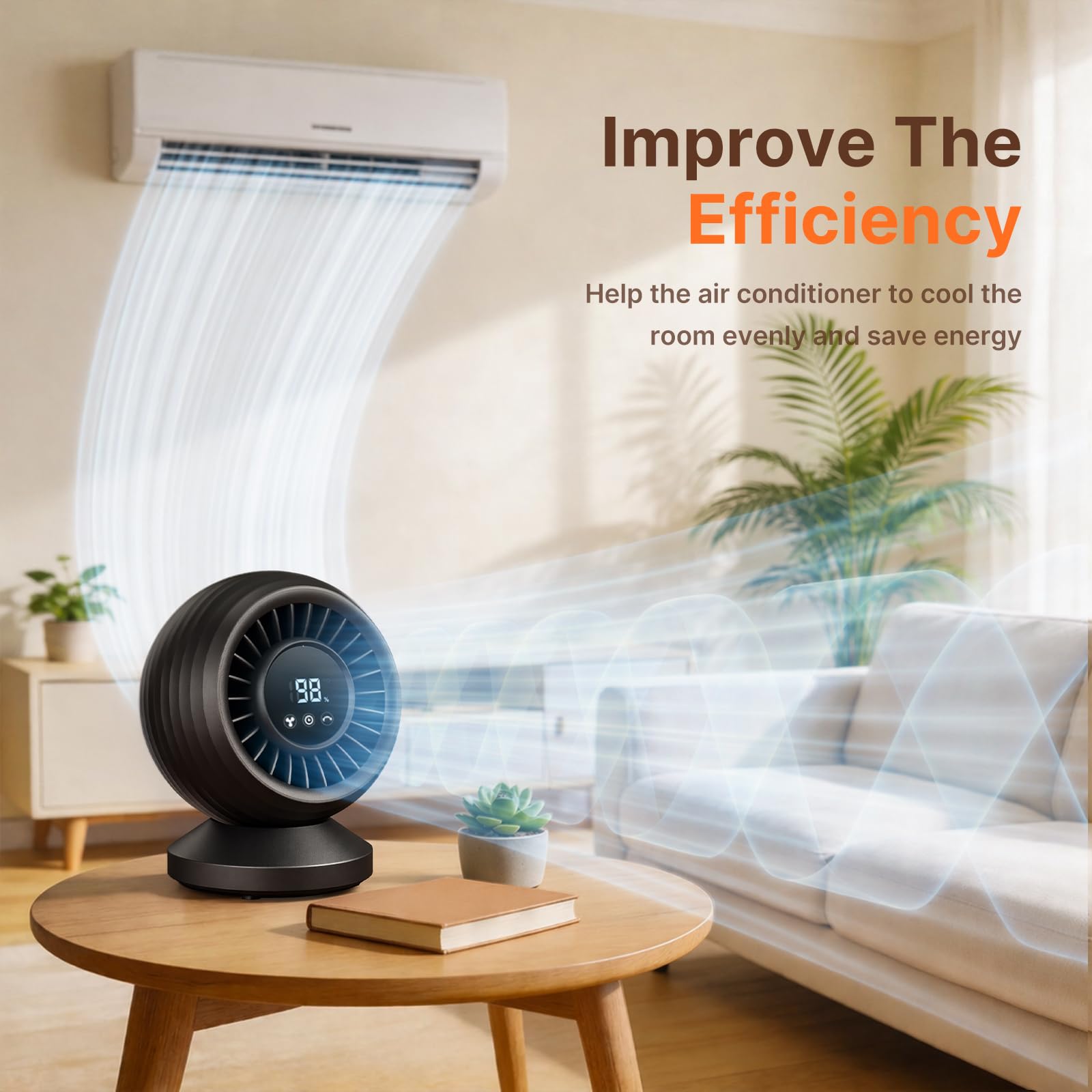 Ventilateur de Table Silencieux 22 dB, Circulateur d’Air 3D Turbo, Oscillation 120°, 7 Vitesses, Batterie 12000 mAh, Écran Tactile LED, Ventilateur de Bureau pour Chambre, Salon et Bureau – Noir