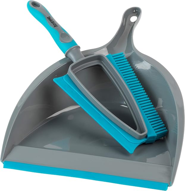 Beldray LA081278EU7 Pet Plus+ 2 In 1 Lift & Trap Dual Rubber Head Dustpan And Brush with Squeegee Edge, Ideal for Hard Floors, Pet Hair and Dust, Non-Scratch, Turquoise/Grey