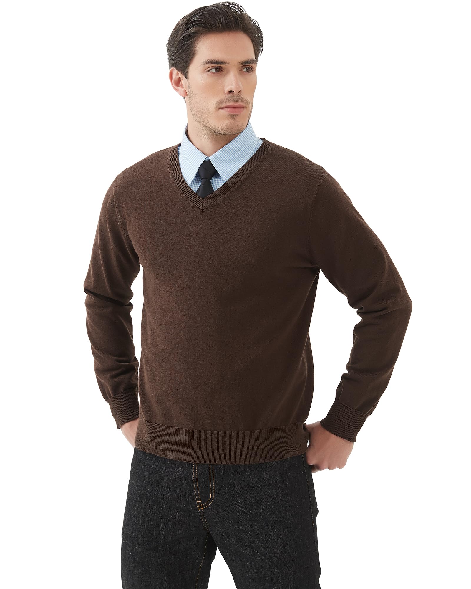 Kallspin Suéter de Cuello en V para Hombre Jersey de Punto de Manga Larga de Algodón Puro Ajuste Regular