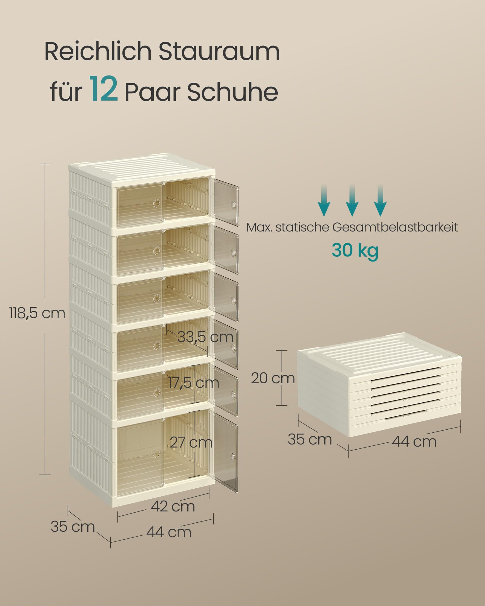 SONGMICS Schuhschrank, schmal, faltbar, Schuhregal, Organizer, transparente Tür, für 12 Paar, für Stiefel, Turnschuhe, Flur, Wohnzimmer, 6 Ebenen, Cremeweiß LSP912WD01
