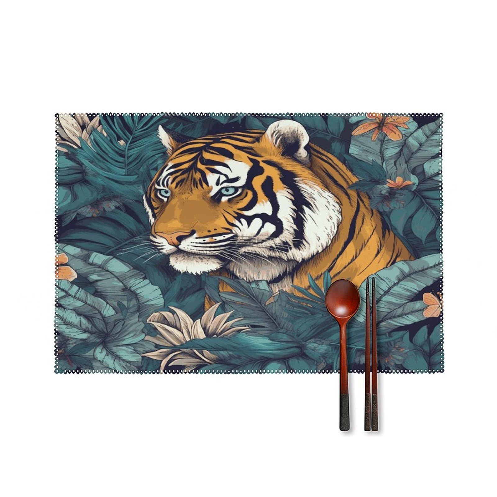 Tropical Tiger Placemats Set of 4 Heat Resistant Non-Slip Place Mats for Dining Table Washable Placemat Wipeable Dining Table Mat Canvas Place Mats Dining Table Decor