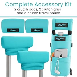 Vive Crutch Pads, Bag, & Hand Grips (5 PCS) - Crutches for Adults Armpit Padding, Hand Grips, Accessories Pouch - Soft Tips Medical Padded Handles for Kids, Men, Women - Lightweight (Teal)