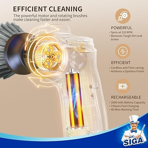 Miniatura 4 de MR.SIGA Limpiador eléctrico giratorio para limpieza de cocina y baño, resistente al agua, recargable, inalámbrico, con 5 cepillos de limpieza