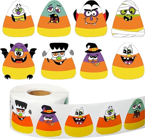 Miniatura 1 de 600 calcomanías de Halloween en rollo de calabaza, calcomanías de personajes de Halloween de 1.5 pulgadas, 8 diseños de calcomanías de cara de