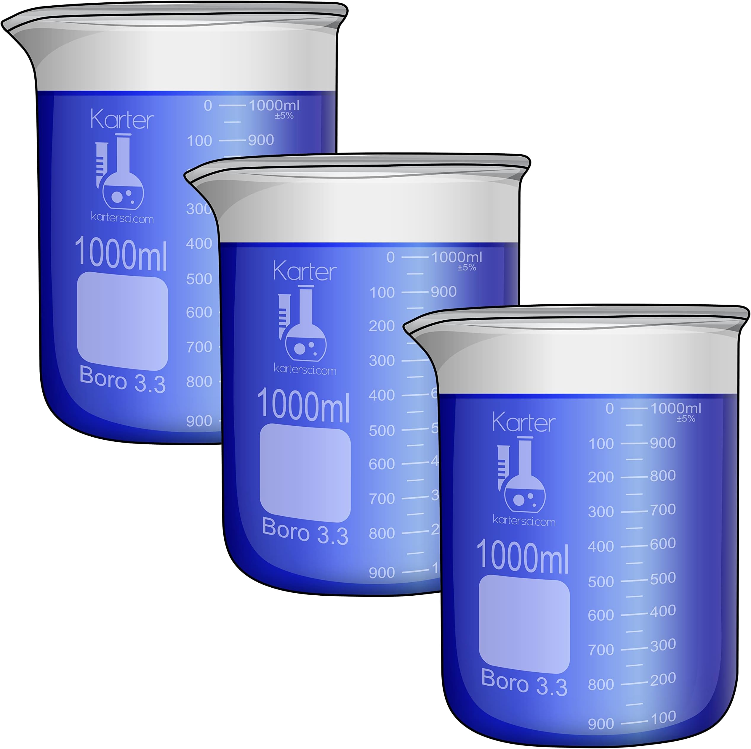 1000ml Beaker, Low Form Griffin, Boro. 3.3 Glass, Double Scale, Graduated, Karter Scientific (Pack of 3)