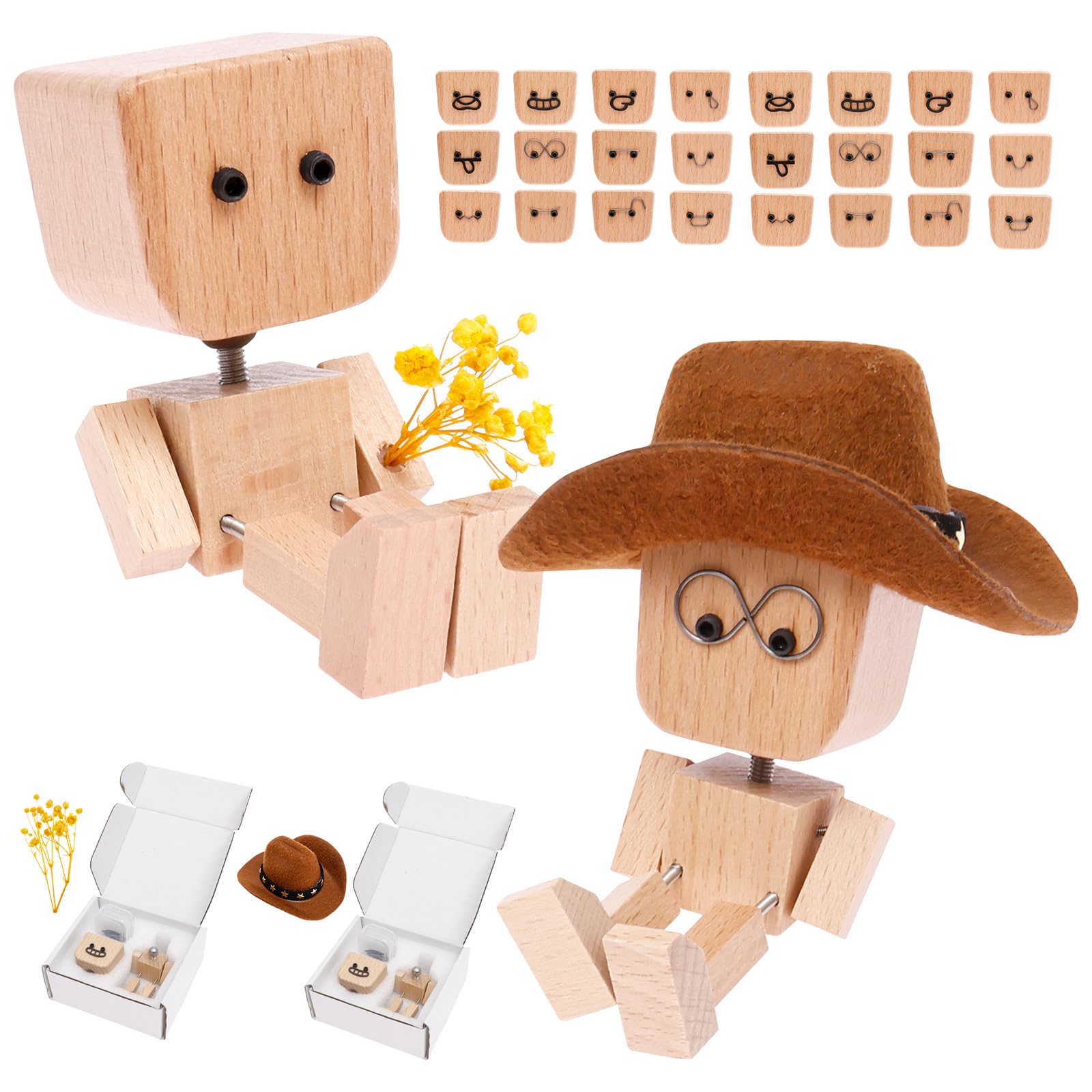 Zhjiutak Style 1 2Pcs Shaking Wooden Man Figurine, Handmade Shaking Feet Wooden Doll With 24Pcs Expressions Charming Little Wood Figure That Sways Car Ornaments For Desk Decor,Dashboard Toy(Style 1)
