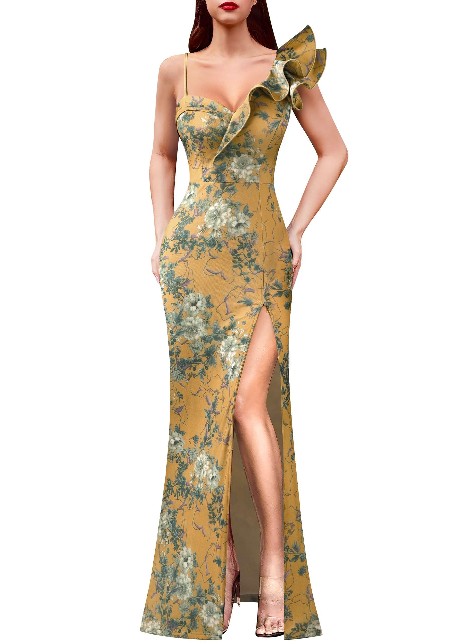 VFSHOW Womens Ruffle One Shoulder Formal Prom Gala Maxi Dress Evening Gown