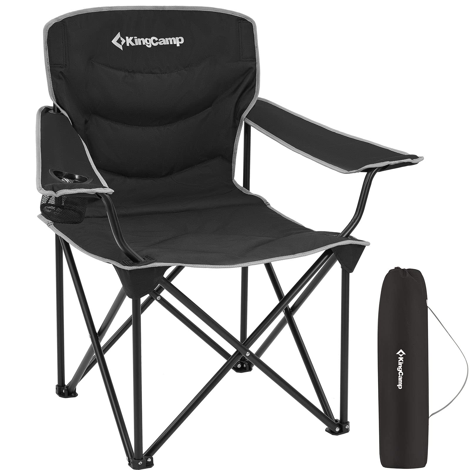 KingCamp Folding Camping Oversized Portable Padded Quad Chairs with Cup Holder and Carry Bag Heavy Duty Supports 300lbs for Outdoor, Fishing, Picnic, Sports, 37.4" x 22.8" x 38.9", Black1