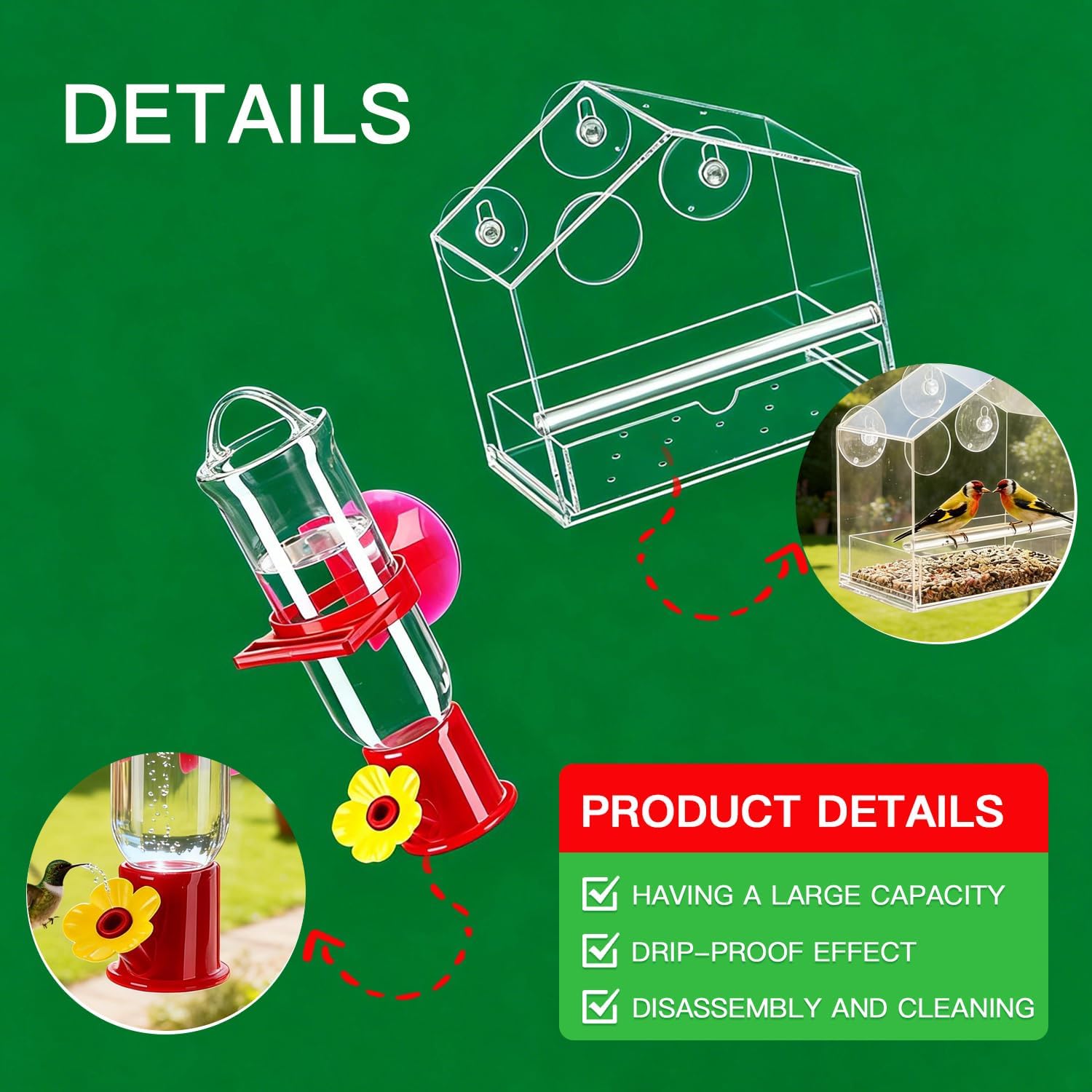 Window Bird Feeder with Hummingbird Waterer（2-Piece Set） - Extra-Large Window for Offer Easy Food & Water Access, Super-Strong Suction Cup, Easy Install & Clean, Sturdy Durable Outdoor Use