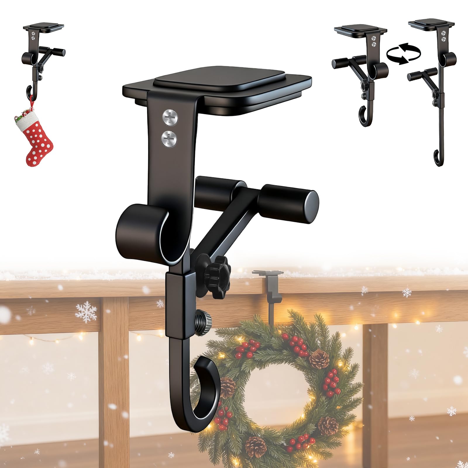 Mantle Hanger Hook for Garland, Heavy Duty Fireplace Xmas Christmas Stocking Hangers Pole, 2 in 1 Adjustable Stockings Holder Suitable for Shelf Table Edge (1* Black)