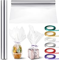 Vista 1 de Tigeen Rollo de celofán transparente con 6 rollos de cintas, 16 pulgadas x 100 pies, papel de celofán grueso translúcido de 2.3 mil para cestas
