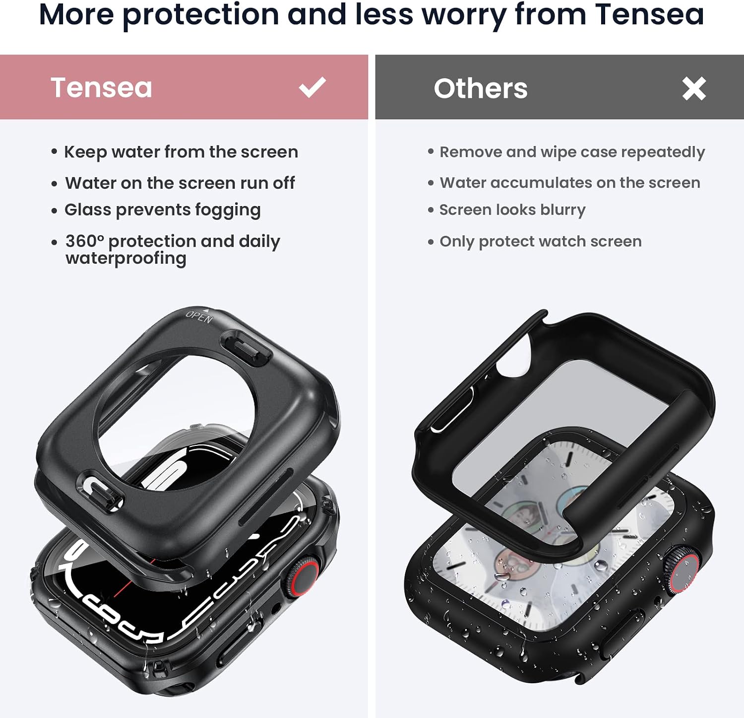 (2 in 1) Tensea for Waterproof Apple Watch Screen Protector Case Series 8 7 41mm Accessories, iWatch Protective PC Face Cover Built-in Tempered Glass Film, Rugged Front & Back Bumper for Women Men