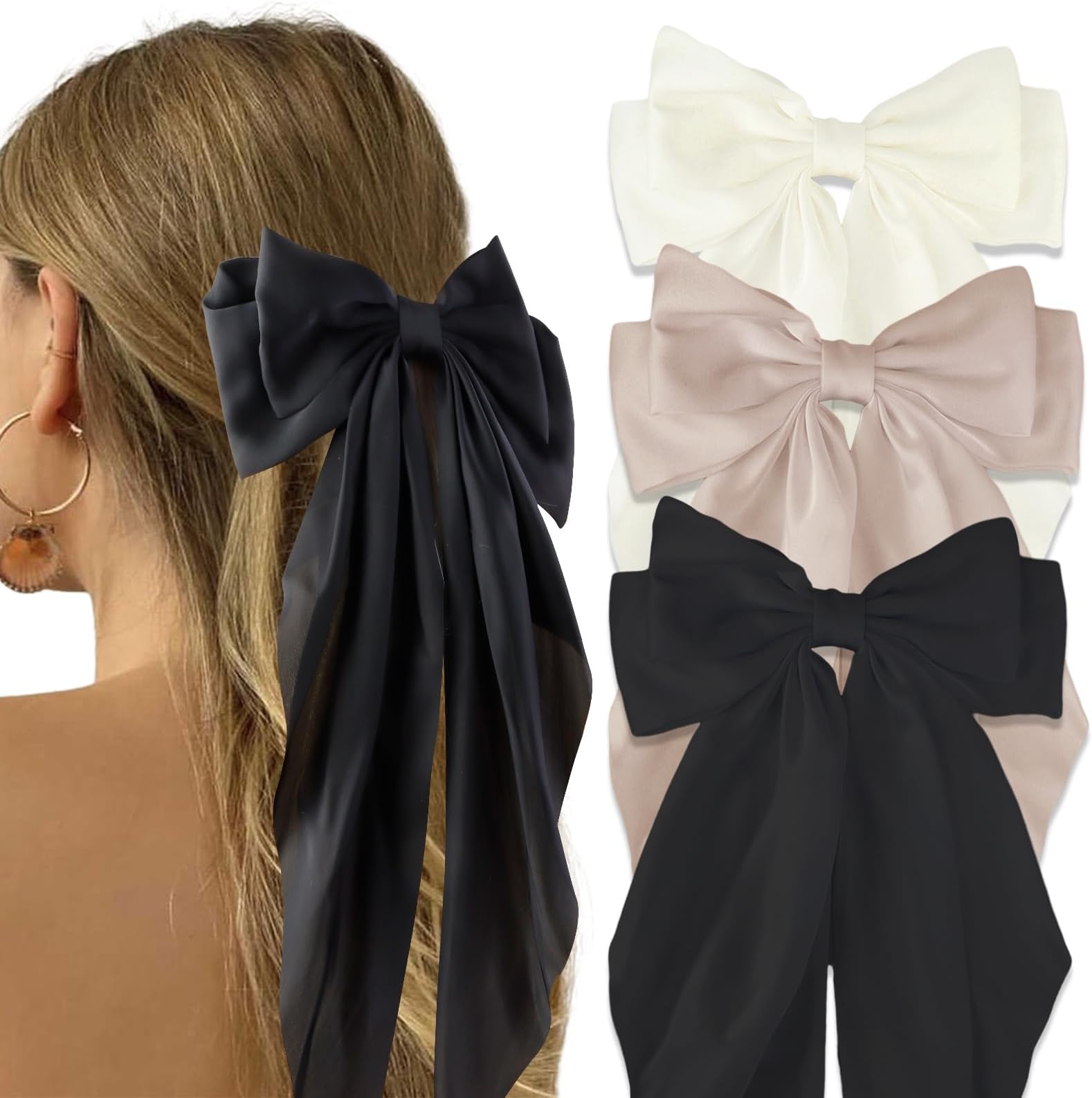 Canitor Hair Bows for Women Silky Satin Hair Ribbon Barrettes Clip Oversized Long Tail Hair Bows Cute Aesthetic Coquette Fashion Hair Accessories Preppy Teen Girl Gifts Trendy Stuff Things