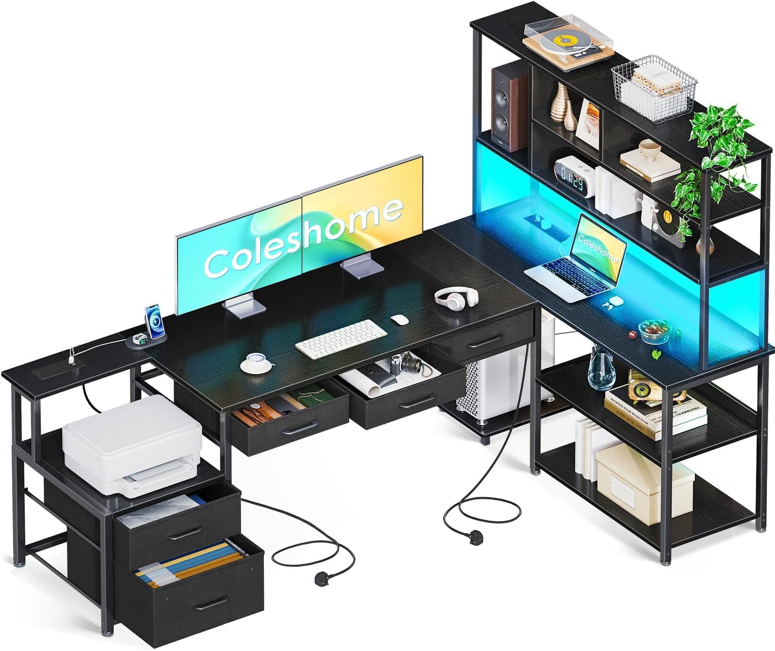 Coleshome L Shaped Corner Desk with Drawers, Reversible Home Office Computer Desk with Storages & Shelves, Gaming Table with LED Lights & Power Outlets Black, 200 × 110 cm