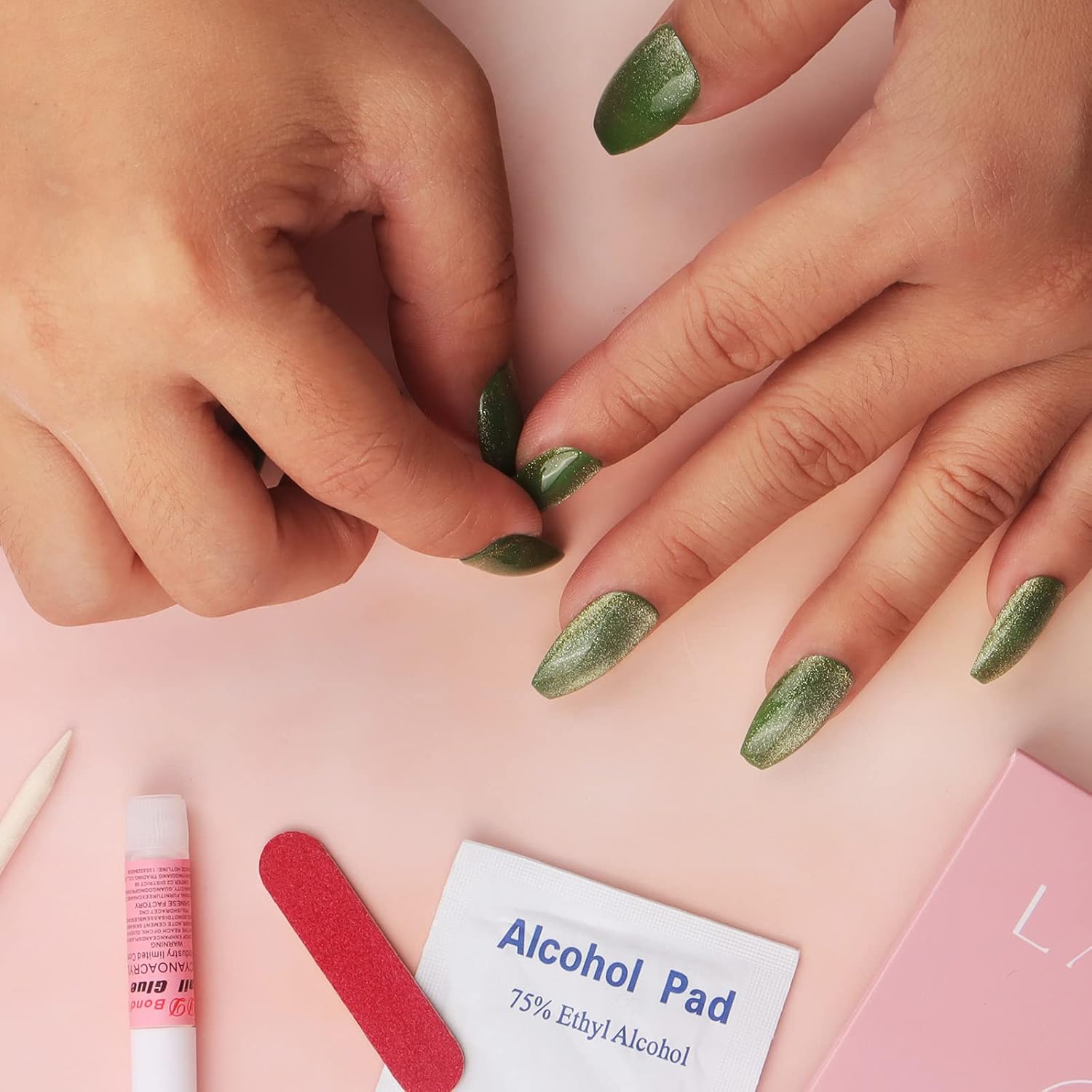 LADYING Cat Eye Medium Length Press on Nails with Design Bling Glue on Nails for Women Stick on Nails Glossy Acrylic False Nail Art Salon Supplies Oval Fake Tips 24PCS Green Press ons