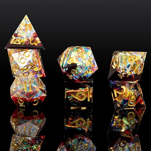 Vista 114 de DND - Juego de dados hechos a mano, 7 accesorios, dados de borde afilado para juegos TTRPG de Calabozos y Dragones, RPG multicara de resina Negro