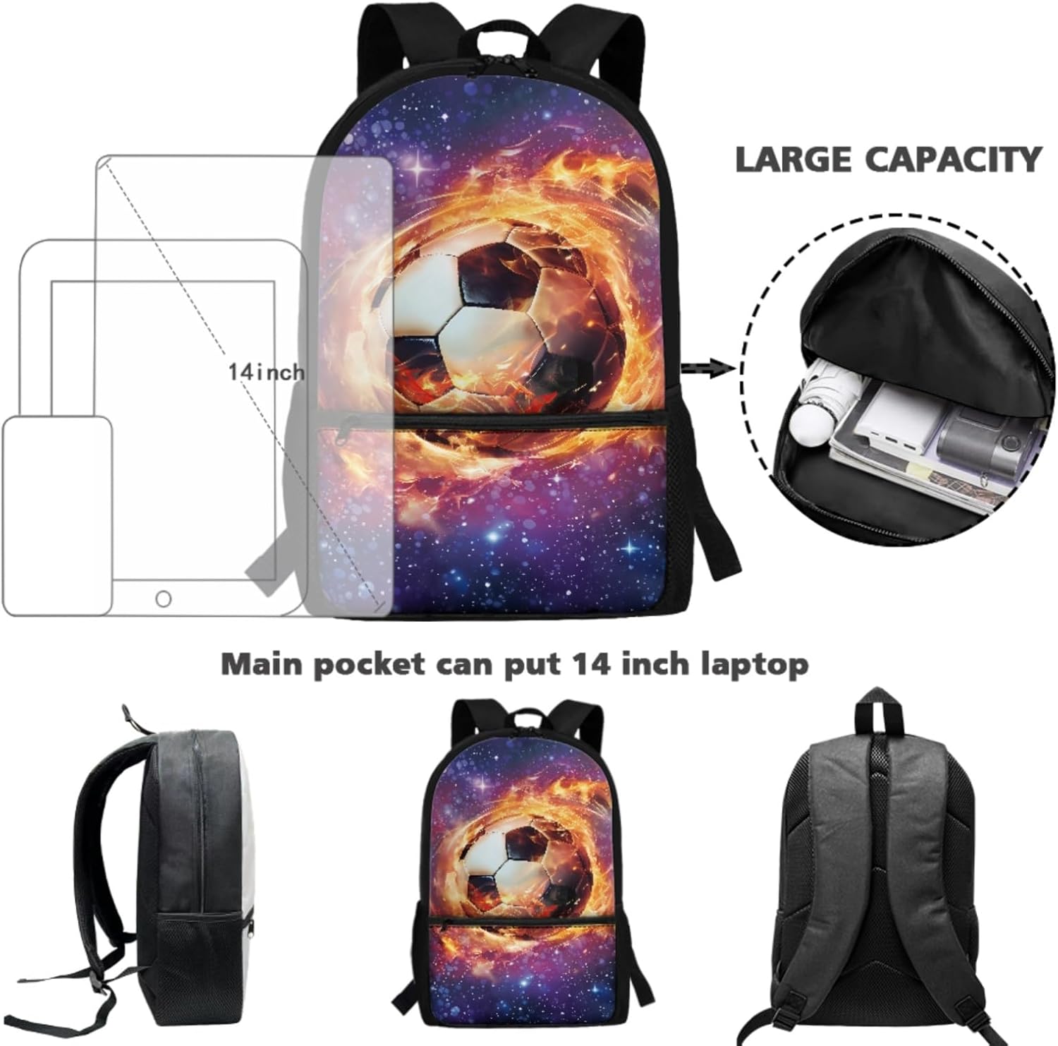 4 PCS Football Backpack for Boys 8-10/12-14 with Lunch Box Kids Bookbag,Lunchba,Pencil Bag,Water Bottle Holder,Elementary School Bag Student Bookbag Middle Student Back Pack Schoolbag