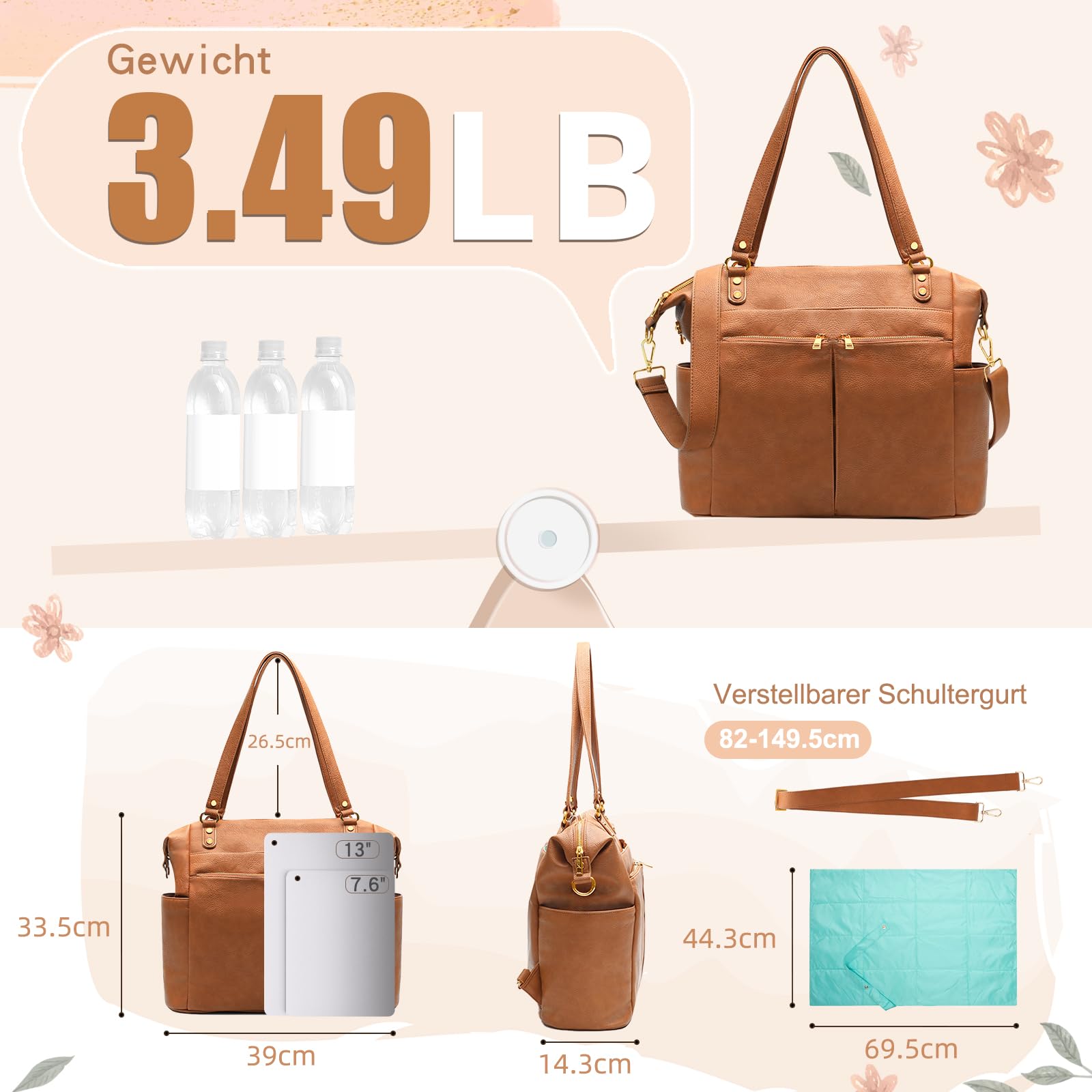 MISS FONG Wickelrucksack Wickeltasche Leder, Baby Rucksack Wickelrucksack Große Kapazität Mit 13 Wickeltasche Organizer, Wickelunterlage für Mama & Papa Wasserdichter Rucksack-Braun