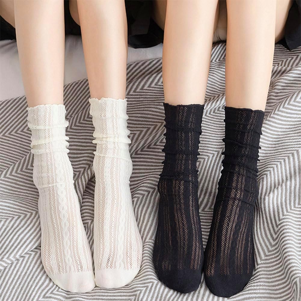 6 Pairs Women Lace Socks Mesh Sheer Ankle Socks Summer Through Transparent Thin Tulle High Sock Decorated Slouch Socks