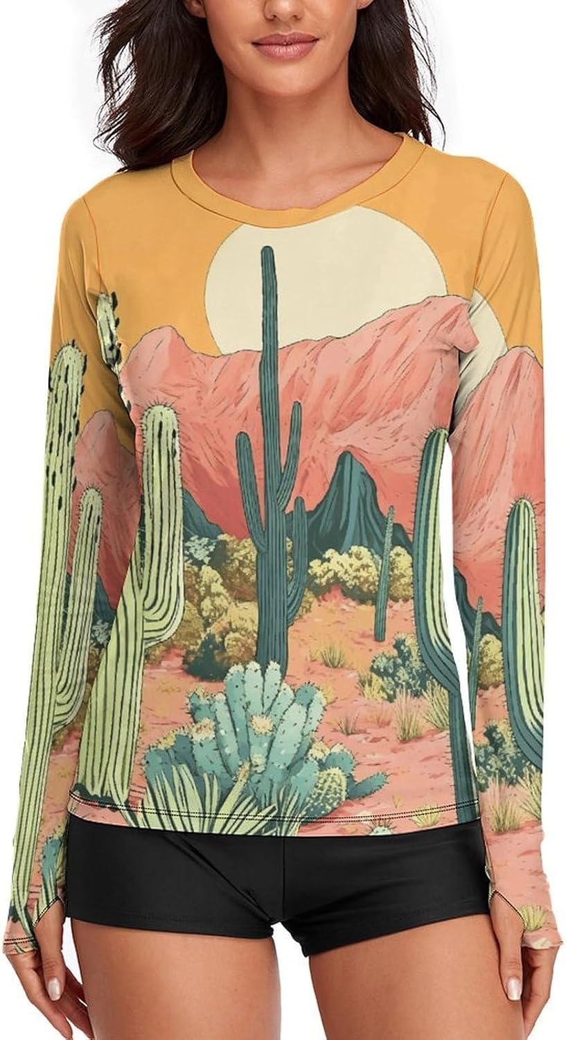 Cactus Desert Rash Guard for Women UPF 50+ UV Sun Protection | Long Sleeve Workout Top Quick Dry Athletic Hiking Shirt Moisture Wicking Swim Shirt for Running, Cycling, Swimming