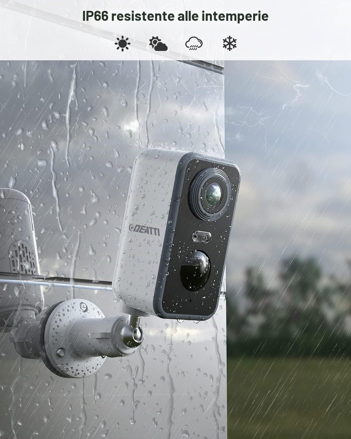 DEATTI 2K Telecamera Wi-Fi Interno/Esterno Senza Fili a Batteria, Videocamera Sorveglianza Interno, Rilevatore di Movimento PIR, Visione Notturna a Colori, Audio a 2 Vie, Sirena, IP66, SD/Cloud