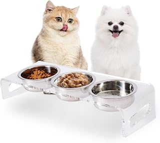 Clear acrylic stand holding three stainless steel pet dishes