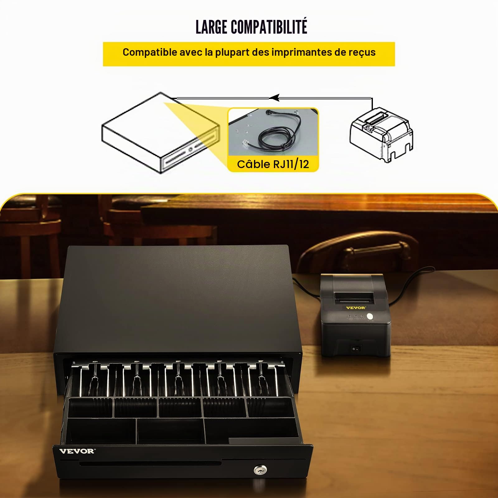 VEVOR Tiroir-Caisse Enregistreuse 41 cm Compartiments 5 Billets 8 Pièces RJ11/RJ12 POS Restaurant