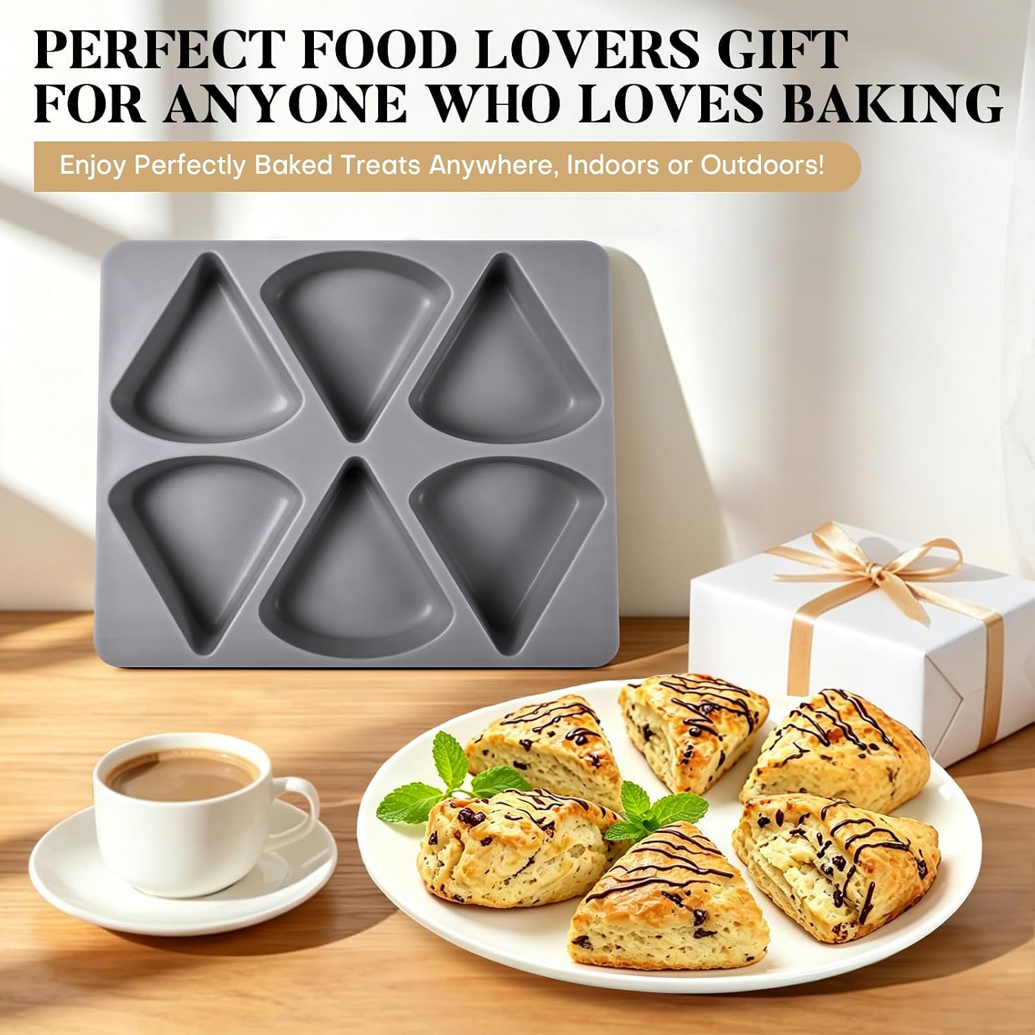 Silicone Scone Pan 6-Cavity Non-Stick Baking Pan 2 Pack Wedge Tray Heat Resistant for Oven Air Fryer Dishwasher Safe for Scone Cornbread Brownie Cookies BPA free.