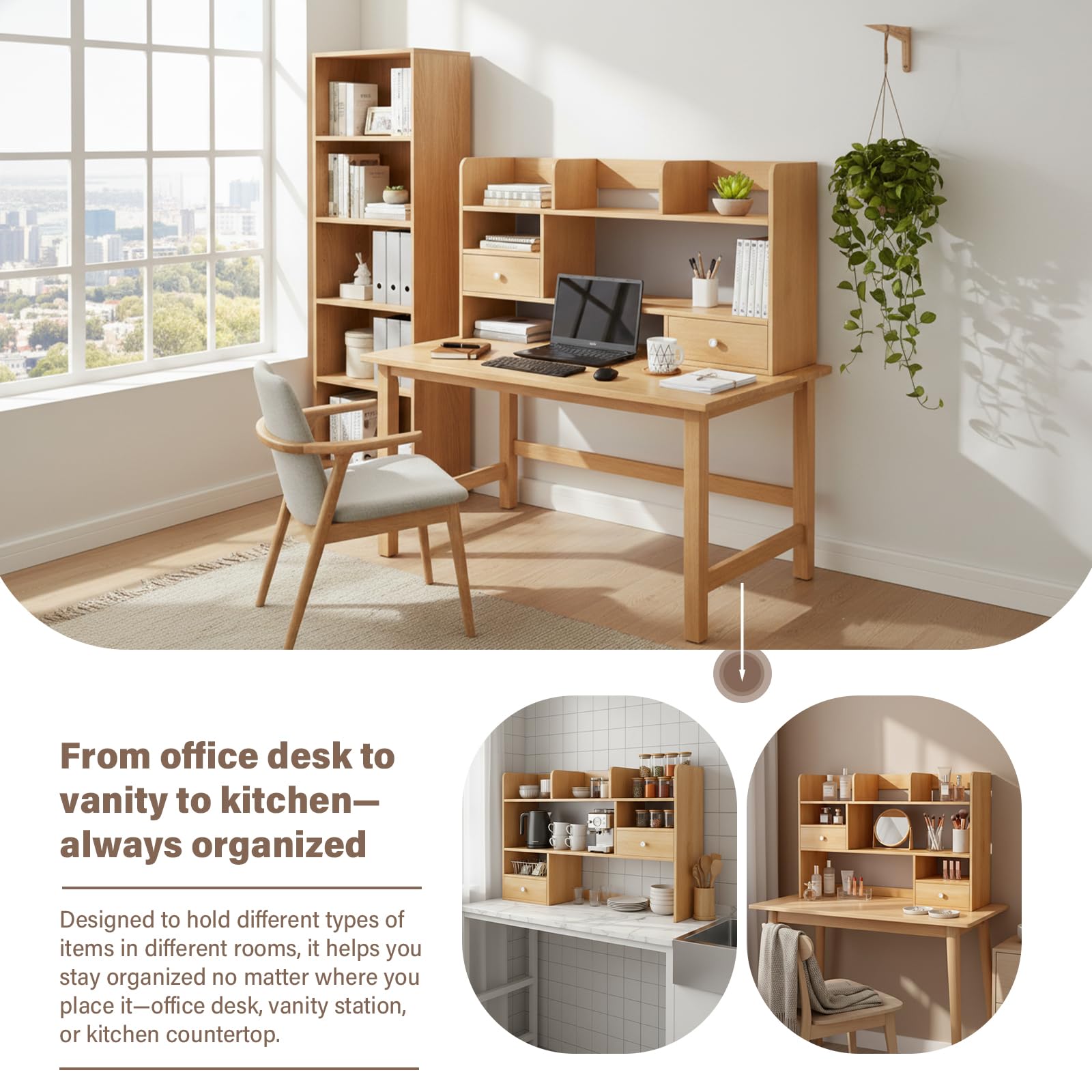Libreria da Scrivania Salvaspazio Scaffale in Legno Moderno, Mini Libreria da Tavolo con Cassetti Chiusi, Mensole da Scrivania per Cameretta e Studio 60/80x17x80cm(Size:80x17x80CM)