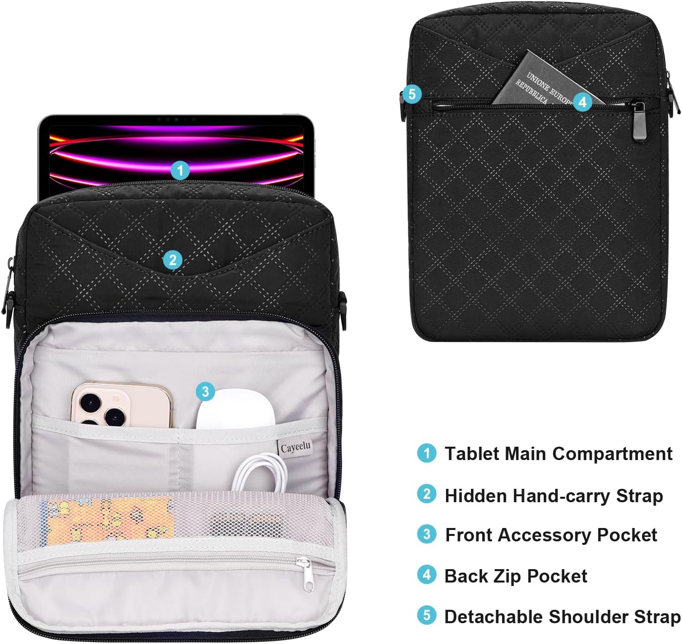 9-11 Inch Tablet Sleeve Bag, Padded Carrying Travel Case for iPad Pro 11-in (M4), iPad 10.9 (10th Gen), iPad Air 11-in (M2), Galaxy Tab S9/S8, with Shoulder Strap (Classic Black)