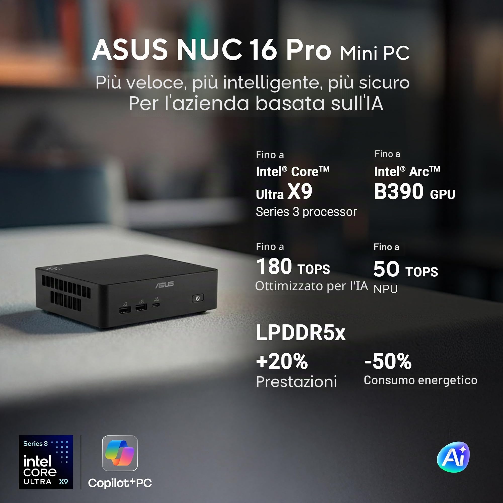 ASUS NUC 16 PRO, Intel Core U5 325, Barebone (No Ram/SSD), Nero | DDR5-5600, Scheda Grafica Integrata, Wi-Fi 7, Bluetooth 6, Ethernet 2,5G, Compatibile con Windows 11 Pro e Windows 11 Home