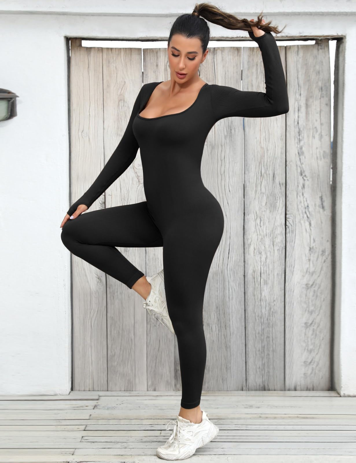 UMIPUBO Tuta Intera Donna Yoga Jumpsuit Sportiva Manica Lunga Tuta Intera Scollo U Completo Tinta Unica One Piece Palestra Leggings Slims Abbigliamento Moda Elastico Rompers Clubwear