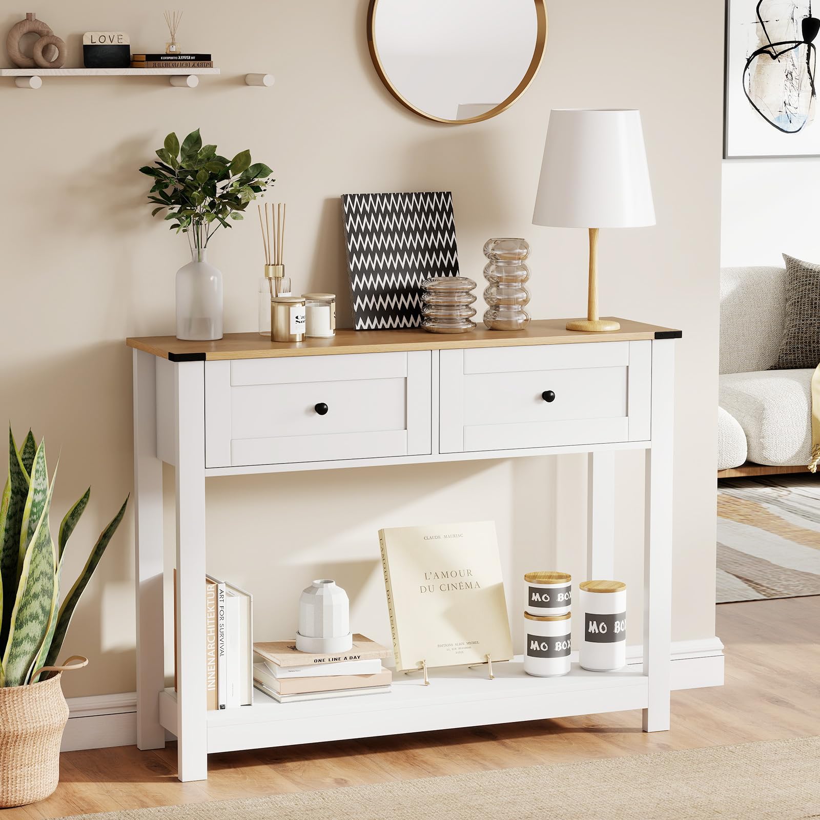 SOARS Tavolo Consolle Bianco 106 x 30 x 81,5 cm, Consolle Ingresso con 2 Cassetti e Ripiano Aperto, Tavolino Slim Salvaspazio Moderno per Soggiorno, Corridoio e Camera da Letto