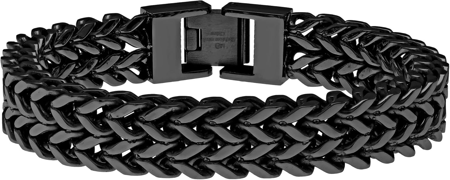 Metro Jewelry Double Rows Foxtail Chain Bracelet for Men in Stainless Steel with Antique or Black Ion Plating- 8.25 Inches Long 12 MM Wide with Fold Over Clasp