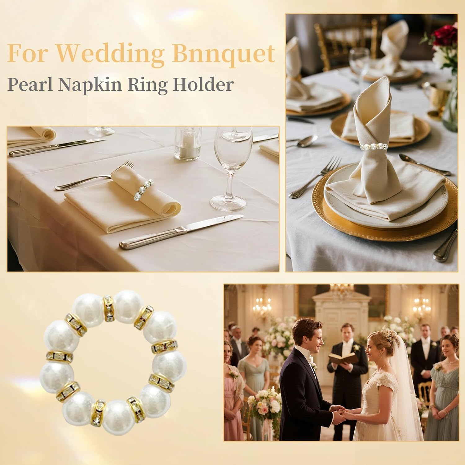 100 Pcs Gold Disposable Napkin Rings, Delicate Pearl Napkin Ring Holder, White & Golden Beaded Serviette Buckles for Formal Wedding Dinner Home Decor Party Supplies