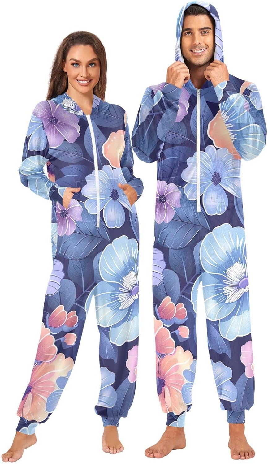 GAIREG Cute Flower Blue Christmas Onesie Adult Women, Mens Womens House Wear