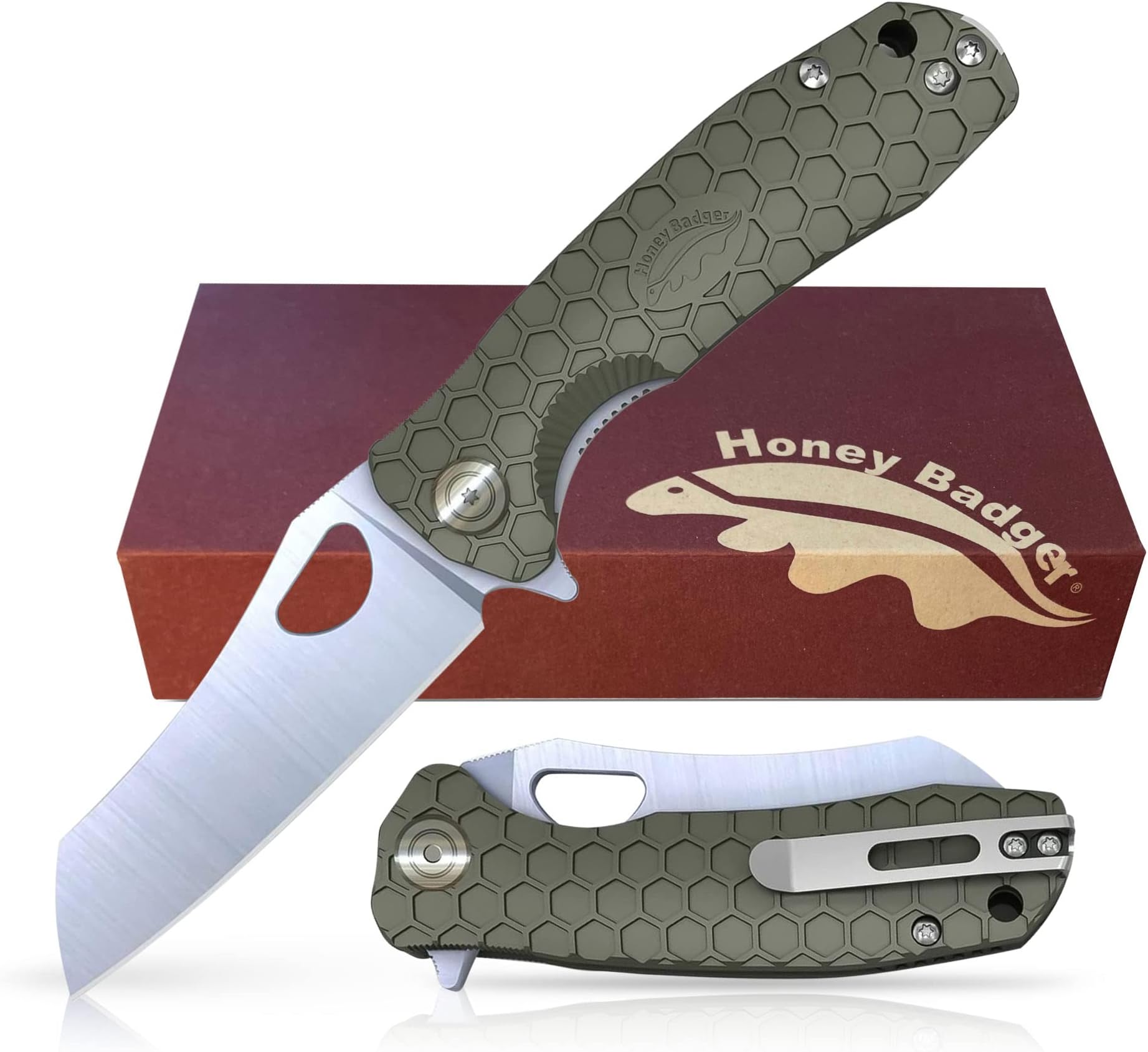 Honey Badger Knife - Flipper Wharncleaver Pocket Knife, EDC Hunting with 3.6" Steel Blade, Nylon+Glass Fiber Handle & Reversible Pocket Clip, Small Green HB1047