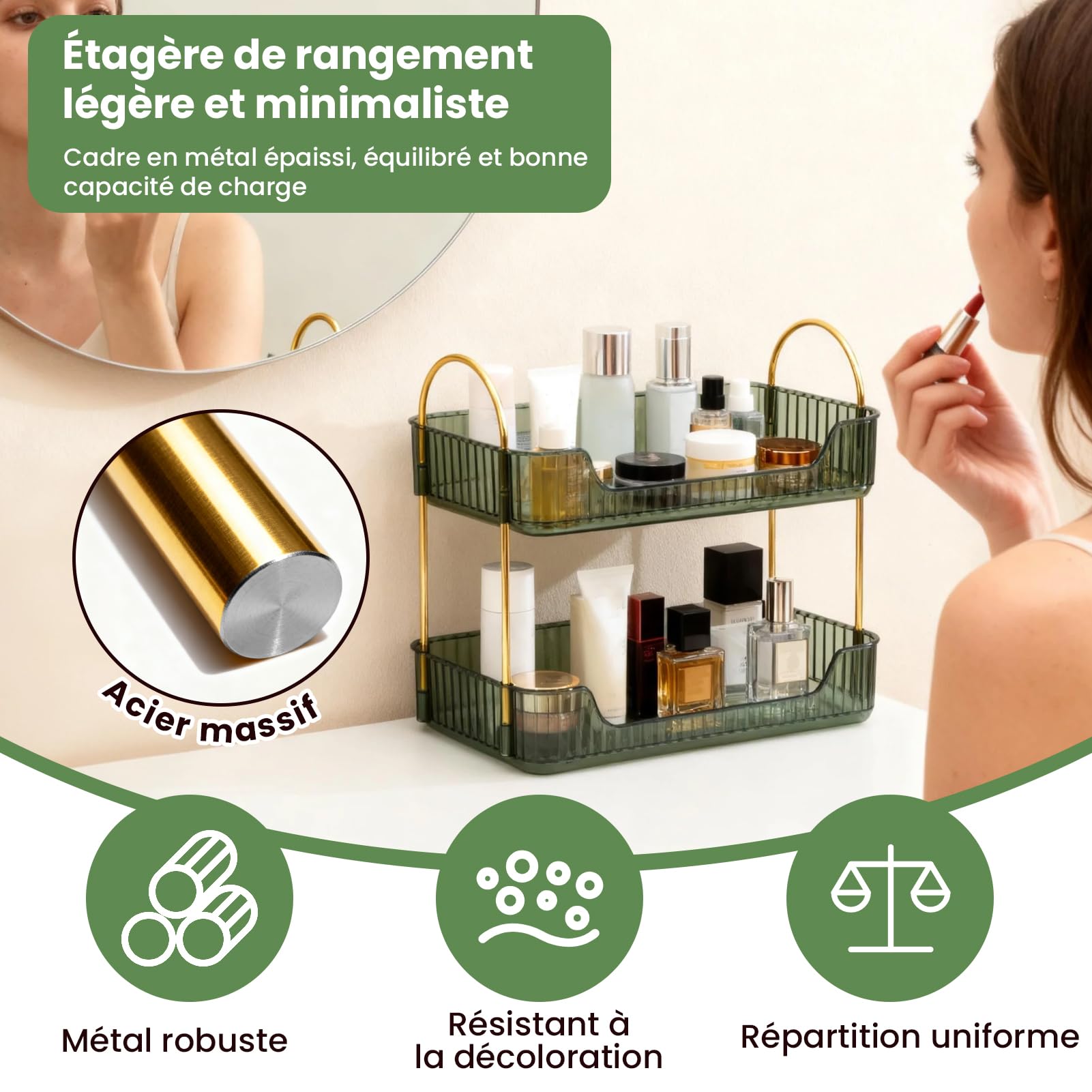 Organiseur de Maquillage en métal Pet à 3 Couches - Rangement modulaire Multifonction avec Accessoires lavables pour Maquillage, Soins de la Peau et Parfum (Vert foncé, Deux Couches)