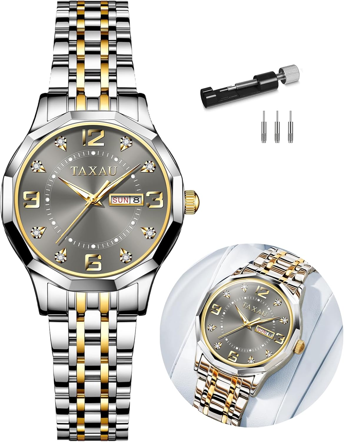 Womens Watches Dress Waterproof Luxury Stainless Steel Analog Quartz Watches Small Wrist Watch Two Tone Fashion Elegant Lady Watch with Day Date